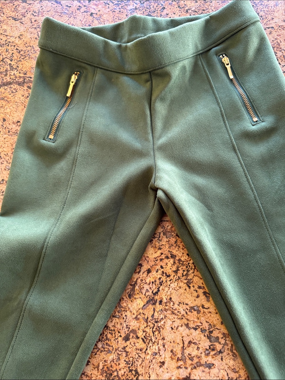 Kids Olive Green Zip-Pocket Suede like Stretch Pants